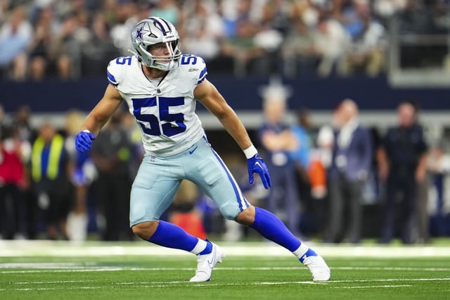 Leighton Vander Esch #55 of the Dallas Cowboys defends in coverage during a football game at AT&T Stadium on September 17, 2023 in Arlington, Texas.