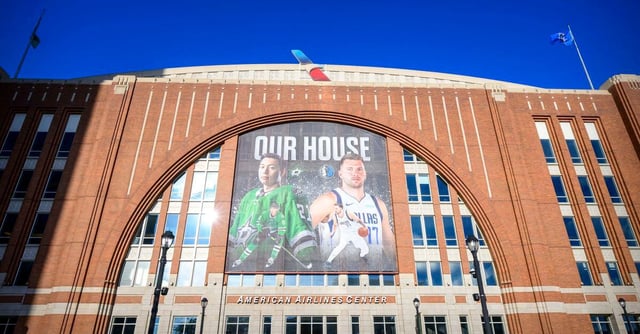 Oct 12, 2023; Dallas, Texas, USA; A view of the arena exterior banner with an image of Dallas Stars left wing Jason Robertson (left) and Dallas Mavericks guard Luka Doncic (right) before the game between the Dallas Stars and the St. Louis Blues at the American Airlines Center. Mandatory Credit: Jerome Miron-USA TODAY Sports
