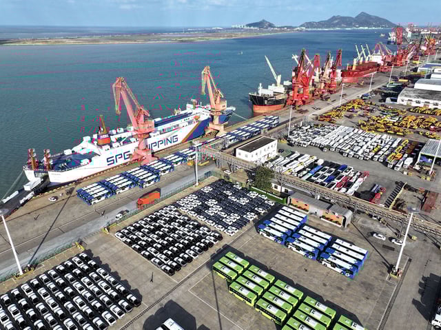 China-made cars and buses bound for export at the Lianyungang Port in Lianyungang, China, on October 31, 2024.