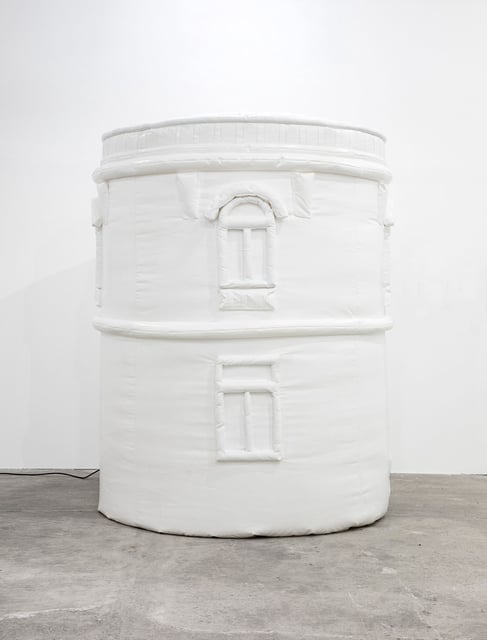 Débora Delmar's inflatable watchtower titled "Caballero Alto," after the historic castle in Mexico City, was an imposing piece offered by Llano Gallery.