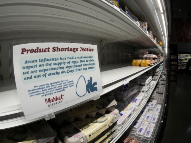 A sign in a market in Pittsburgh explains that Avian Flu is responsible for causing the shortage of eggs on Thursday, Jan. 26, 2023. (AP Photo/Gene J. Puskar)