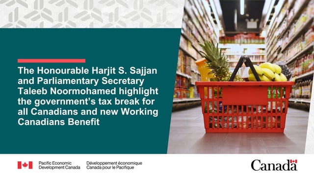 A basket of groceries in a grocery isle. Text reads: The Honourable Harjit S. Sajjan and Parliamentary Secretary Taleeb Noormohamed highlight the government’s tax break for all Canadians and new Working Canadians Benefit