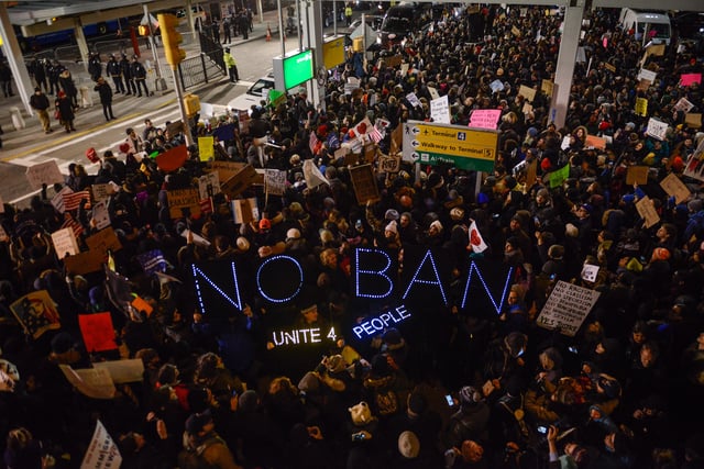 NEW YORK, NY - JANUARY 28: Protestors rally during a demonstration against the Muslim immigration ban at John F. Kennedy International Airport on January 28, 2017 in New York City. President Trump signed the controversial executive order that halted refugees and residents from predominantly Muslim countries from entering the United States. (Photo by Stephanie Keith/Getty Images)