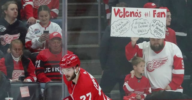 Oct 14, 2023; Detroit, Michigan, USA; Detroit Red Wings center Michael Rasmussen warms up before the home opener against the Tampa Bay Lightning Saturday, Oct. 14 2023, in Detroit, Michigan. Mandatory Credit: Kirthmon F. Dozier-USA TODAY Sports