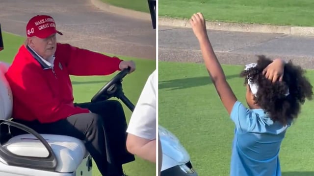 The clip shows Trump driving around in a golf buggy when he drives by a Black girl who waves at him as he got closer.