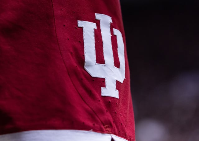 WEST LAFAYETTE, IN - FEBRUARY 25: A detailed view of an Indiana Hoosiers logo is seen on the uniform of a player during the game against the Purdue Boilermakers at Mackey Arena on February 25, 2023 in West Lafayette, Indiana. (Photo by Michael Hickey/Getty Images)