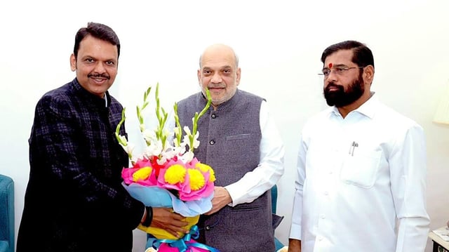Maharashtra's caretaker CM and Shiv Sena chief Eknath Shinde and BJP leader Devendra Fadnavis meet Union Home Minister Amit Shah, in New Delhi on Thursday. 