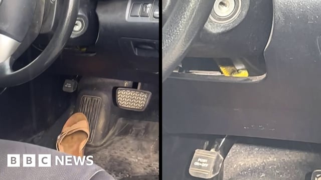 A composite image - the image on the left hand side shows part of a steering wheel, and a sandal on the floor of a car. The second image shows a yellowish snake under the steering wheel