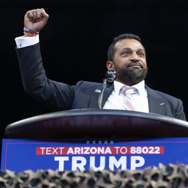 Former Chief of Staff to the U.S. Secretary of Defense Kash Patel speaks during a campaign rally for U.S. Republican presidential nominee, former President Donald Trump at Findlay Toyota Center on October 13, 2024 in Prescott Valley, Arizona. Trump has nominated Patel as Director of the FBI.