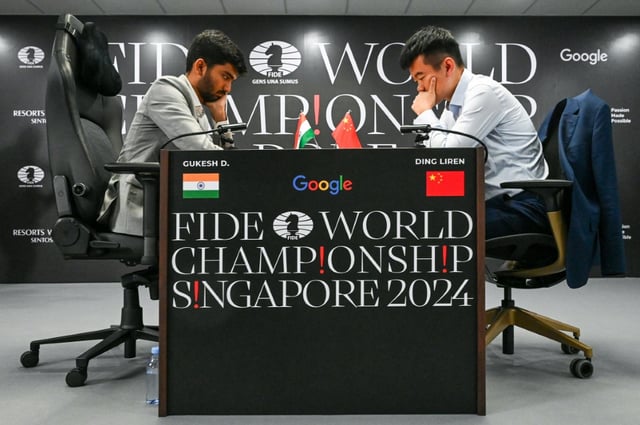 China's chess grandmaster Ding Liren (R, pictured at the start of the championship) and India's  grandmaster Gukesh Dommaraju are tied at 3.0 points each after six games