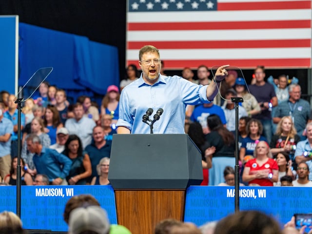 Democratic Party of Wisconsin chair Ben Wikler makes remarks before Vice President Kamala Harris speaks at a campaign rally on Sept. 20, 2024, at the Alliant Energy Center in Madison.