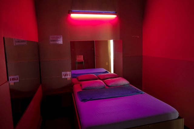 Illustration picture shows a room with mirrors at a sex bar, at, the prostitution area in Ghent, Friday 05 June 2020. Belgium is in its twelfth week of confinement in the ongoing corona virus crisis and the third week of the phase 2 of the deconfinement. BELGA PHOTO DIRK WAEM (Photo by DIRK WAEM/BELGA MAG/AFP via Getty Images)