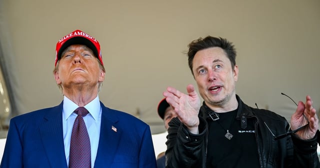 Elon Musk speaks with U.S. President-elect Donald Trump as they watch the launch of the sixth test flight of the SpaceX Starship rocket on November 19, 2024 in Brownsville, Texas.