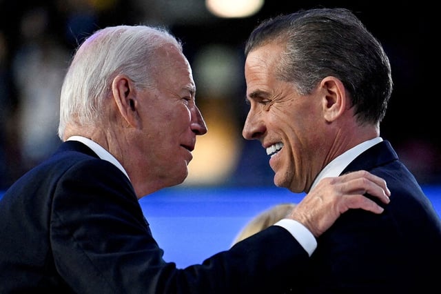 President Joe Biden greets his son Hunter Biden at the Democratic National Convention in Chicago Aug. 19, 2024. 
