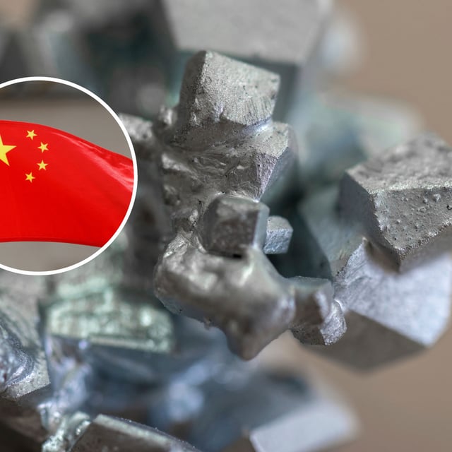 Crystals of gallium are seen in a laboratory at the TU Bergakademie in Freiberg, Sept. 13 2023. The Chinese flag on the vehicle transporting the Chinese President is parked in the grounds of The Elysee Presidential Palace during his official state visit, in Paris on May 6, 2024. On Tuesday, the Chinese Commerce Ministry announced that it had banned exports of gallium, germanium and antimony to the U.S.