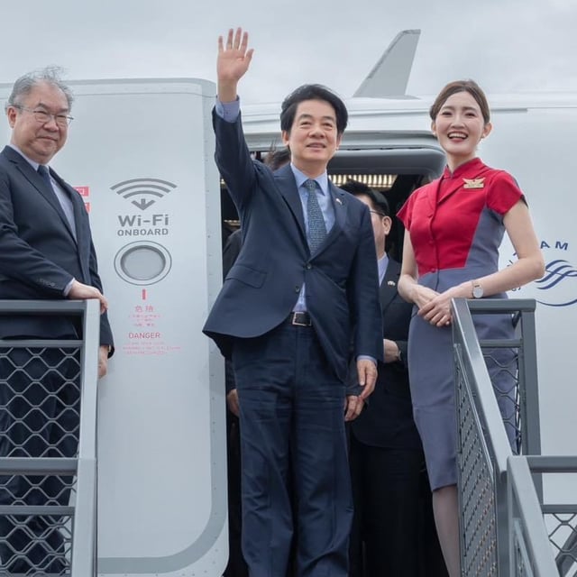 Taiwanese President Lai Ching-te, center, arrives in the Marshall Islands during his tour of Pacific allies. The trip, which also included stops in Hawaii and the U.S. territory of Guam, drew fire from China, which accused Washington of interfering with its internal affairs.