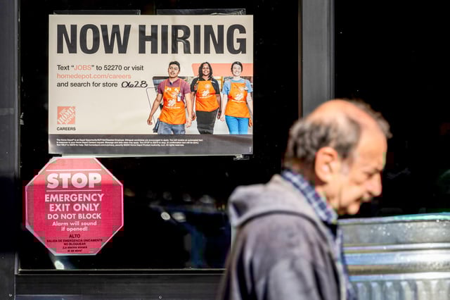 "Now Hiring" signage outside a store in San Carlos, Calif., on  Nov. 11, 2024.