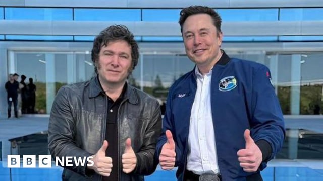 Argentine President Javier Milei (L) with Elon Musk (R) at Tesla's Gigafactory Texas on 12 April 2024