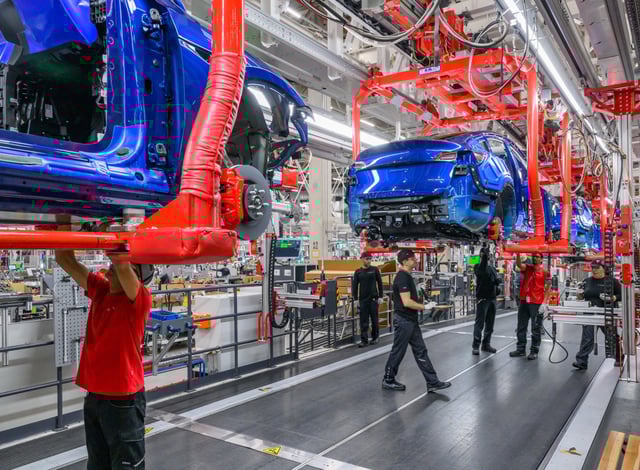 Production of Tesla Model Y electric vehicles at the Tesla Gigafactory Berlin-Brandenburg plant. 