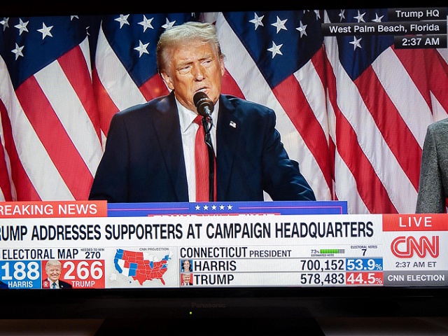 Former President Donald Trump speaks in front of supporters at his champagne headquarters. He reiterates his campaign themes and attacks the media such as CNN. CNN s on-air commentators comment on the first results and the first lessons of an announced victory. The all-news channel CNN broadcasts live candidate Donald Trump s first public appearance from his campaign headquarters in West Palm Beach-volleys, Florida, on November 6, 2024. Election night for the US presidential election has just come to a close. The first results projections are published, pending the official designation of a winner. (Photo by Laurent Caron / Hans Lucas / Hans Lucas via AFP) (Photo by LAURENT CARON/Hans Lucas/AFP via Getty Images)
