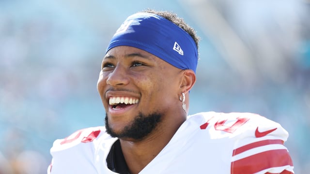 JACKSONVILLE, FL - OCTOBER 23: Saquon Barkley #26 of the New York Giants stands on the field prior to a game against the Jacksonville Jaguars at TIAA Bank Field on October 23, 2022 in Jacksonville, Florida. (Photo by Perry Knotts/Getty Images)