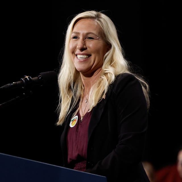 U.S. Rep. Marjorie Taylor Greene (R-GA) speaks before Republican presidential nominee, former U.S. President Donald Trump during a campaign rally at the Cobb Energy Performing Arts Centre on October 15, 2024 in Atlanta, Georgia. Greene raised a new question on Saturday about the mysterious drone sightings and the term being used.