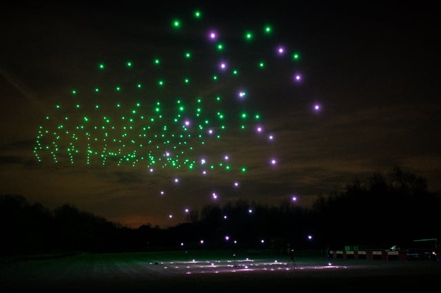 Drones take off for a practice flight of a a holiday show in Holly, Michigan in this Nov. 16, 2021 file photo. A holiday drone show in Orlando, Florida took a tragic turn when more than a dozen of the aircrafts fell from the sky, leaving a child injured, on Saturday, Dec. 21, 2024.
