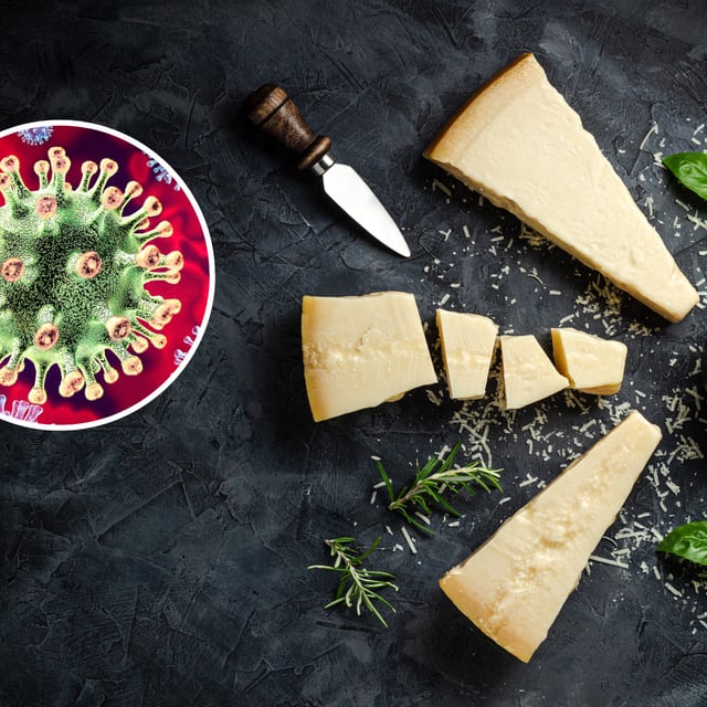 Hard aged cheese sits in wedges on a dark surface with herbs and a cheese knife, with an image of a virus inset. Bird flu was previously found in unpasteurized milk in the U.S. and now an investigation is underway into possible bird flu in aged cheese made from raw milk.