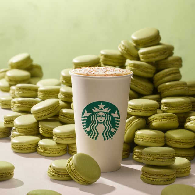Starbucks' Pistachio Latte features espresso, steamed milk, pistachio flavoring and a brown butter topping. The drink is available hot, iced and blended as a Fraccuccino.