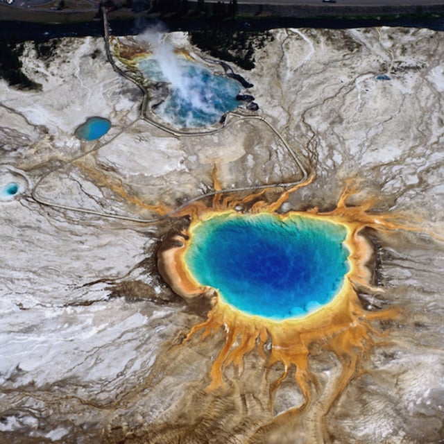 An aerial view of Grand Prismatic Spring in Yellowstone National Park.
