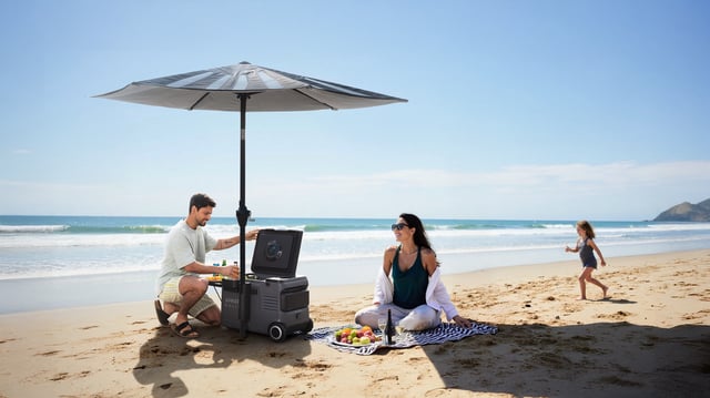 The new solar umbrella and cooler can work together and charge up other gear.