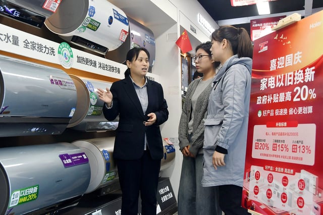 A sales agent talks to prospective customers at a home appliances store in Handan city in north China's Hebei province.