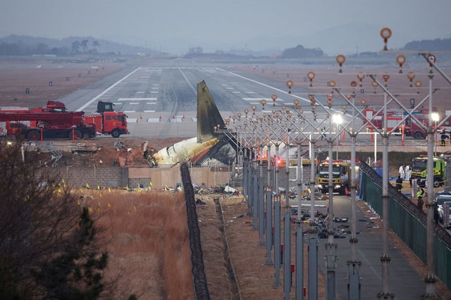 The wreckage of the Jeju Air aircraft lies at Muan International Airport, in Muan, South Korea, on December 30, 2024.