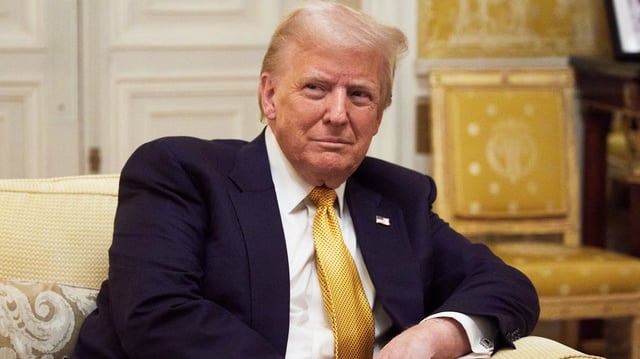 President-Elect Donald Trump reacts during his meeting with Prince William, Prince of Wales at the Embassy of the United Kingdom&#39;s Residence on December 7, 2024 in Paris, France.
