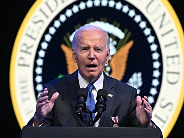 US President Joe Biden delivers remarks at a Department of Defense Commander in Chief Farewell Ceremony at Joint Base Myers-Henderson Hall in Arlington, Virginia, on January 16, 2025. (Photo by ROBERTO SCHMIDT / AFP)