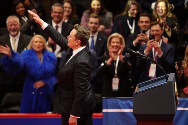 Tesla, SpaceX and X CEO Elon Musk gestures as he speaks during an inauguration event at Capital One Arena (Photo: Justin Sullivan/Getty)