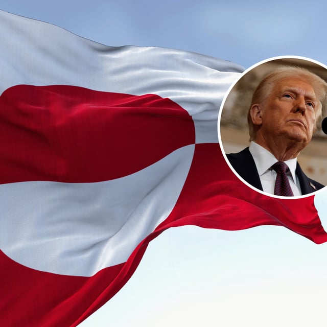 The flag of Greenland waving in the wind on a clear day (main) and U.S. President Donald Trump (inset).