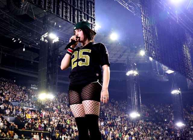 Billie Eilish (pictured performing at the Kia Forum in the first of five nights there for Hit Me Hard and Soft: The Tour in Inglewood on Sunday, Dec. 15, 2024) is set to play at the Intuit Dome for the FireAid benefit show on Jan. 30. 
(Photo by Kevin Mazur/Getty Images for Live Nation Entertainment)