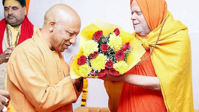 Uttar Pradesh Chief Minister Yogi Adityanath meets Puri Shankaracharya Swami Nischalananda Saraswati during the ongoing Maha Kumbh 2025, in Prayagraj on Sunday.