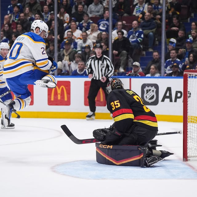 Buffalo Sabres' Jiri Kulich (20) jumps to avoid the puck as JJ Peterka, not seen, scores against Vancouver Canucks goalie Thatcher Demko (35) during the third period of an NHL hockey game in Vancouver, on Tuesday, January 21, 2025. THE CANADIAN PRESS/Darryl Dyck