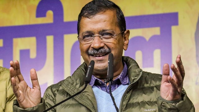 AAP national convener Arvind Kejriwal addresses a public meeting in New Delhi.