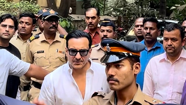 Saif Ali Khan at his residence after he was discharged from Lilavati Hospital in Mumbai.