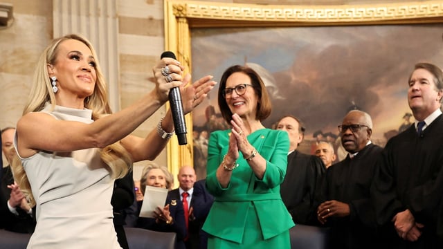 WASHINGTON, DC - JANUARY 20: Country music artist Carrie Underwood reacts after performing during inauguration ceremonies in the Rotunda of the U.S. Capitol on January 20, 2025 in Washington, DC. Donald Trump takes office for his second term as the 47th president of the United States. Chip Somodevilla/Pool via REUTERS