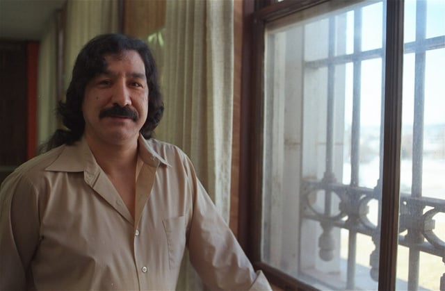 American Indian Leonard Peltier, who is serving two life sentences for the 1975 murder of two FBI agents, is shown in prison, in Feb. 1986. (AP Photo/Cliff Schiappa)
