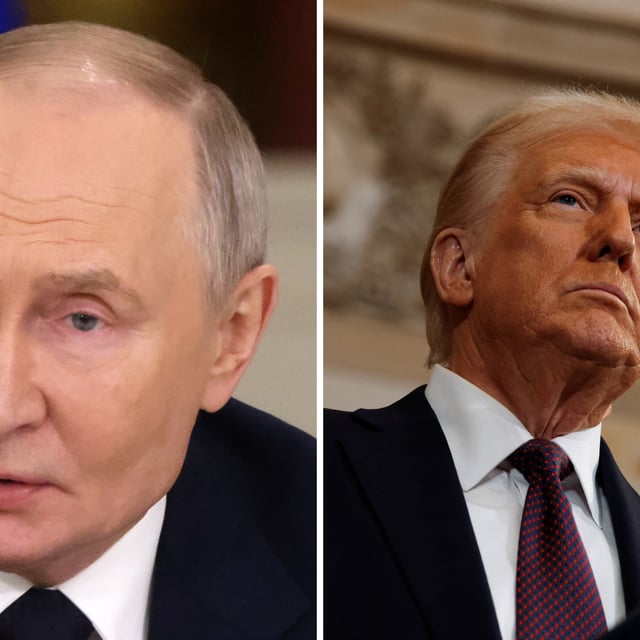 Left: Russian President Vladimir Putin talks during Russian-Iranian meeting at the Grand Kremlin Palace, January 17, 2025, in Moscow, Russia. Right: US President Donald Trump delivers his inaugural address after being sworn in as the 47th president of the United States in the Rotunda of the US Capitol on January 20, 2025, in Washington, DC.