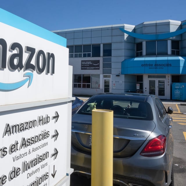 An Amazon warehouse in Laval, Que., on April 22, 2024.