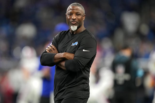Aaron Glenn, defensive coordinator for the Detroit Lions is seen during warmups before the game against the Buffalo Bills at Ford Field on December 15, 2024 in Detroit, Michigan.