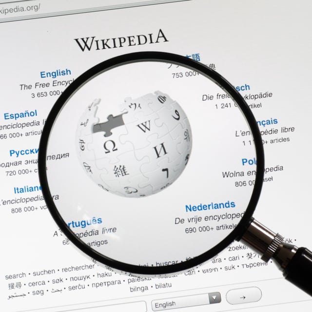 A magnifying glass on the start page of Wikipedia. MAGA supporters and venture capitalists have recently banned together in opposition of Wikipedia.