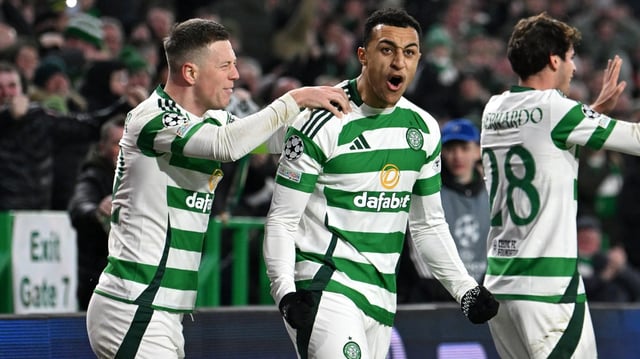 Idah, centre, forced the late own goal that sent Celtic into the next round of the Champions League