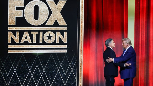 Sean Hannity and President-elect Donald Trump greet following the FOX Nation Patriot Awards, in Greenvale, N.Y., Dec. 5, 2024. (AP Photo/Heather Khalifa, File)